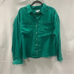 Cynthia Rowley 100% Linen Green Top Women Size XL Beach Tunic Long Sleeve Cruise